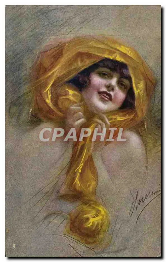 Junge Frau im goldenen Schleier — Zeichnung des Künstlers Hacceroni — Verlag Carlini, Nr. 3 - Vorderseite
