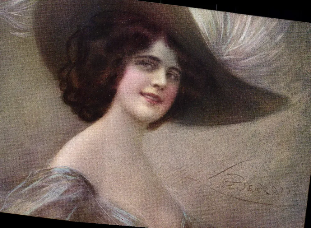 Junge Frau mit Federhut — Illustration — Propriété Artistique A. Sorocochi, Mailand - Vorderseite