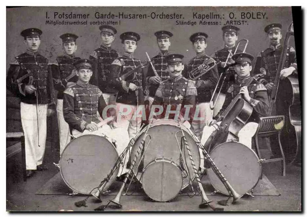 I. Potsdamer Garde-Husaren-Orchester — orchestre militaire en tenue de parade — éditeur : O. BOLEY - Vorderseite