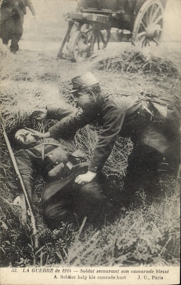 Soldat, der seinen verwundeten Kameraden hilft — Der Krieg von 1914 — J. C., Paris - Vorderseite