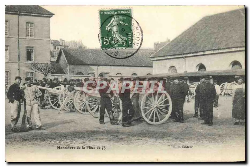Manœuvre de la Pièce de 75 — scène de manœuvre militaire avec canons à roues — F. D. Éditeur - Recto