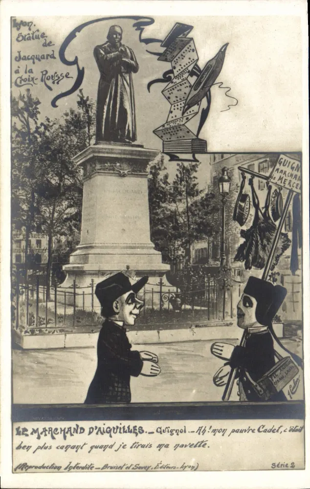 Estatua de Jacquard na Croix-Rousse — caricatura de Guignol e do vendedor de agulhas — Bruisset & Savy, Lyon, Série 2 - Frente