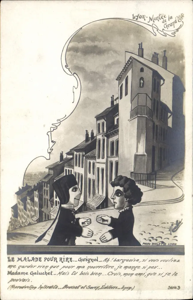 Lyon – Montée de la Grand'Côte – humorvoller Szenen mit Guignol und Madame Galuchet – Photo Biote & Lyon, Serie 3 - Vorderseite