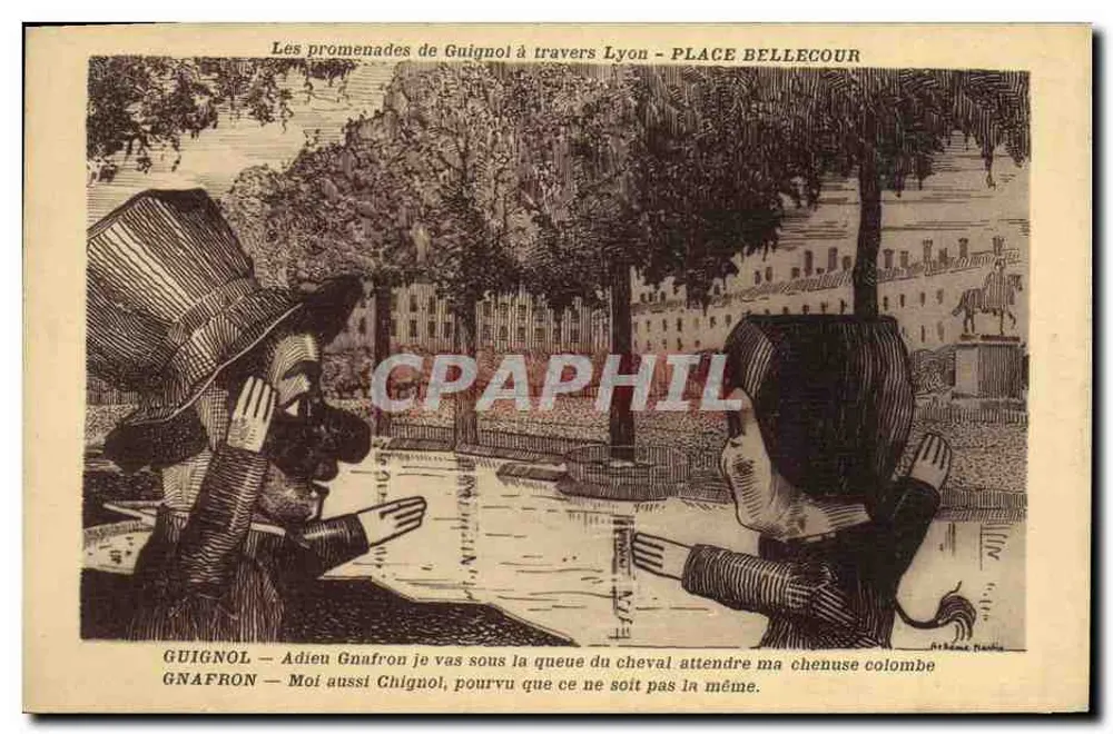 Place Bellecour — Lyon — Die Promenaden von Guignol — Verlag Defrada, Nr. III - Vorderseite