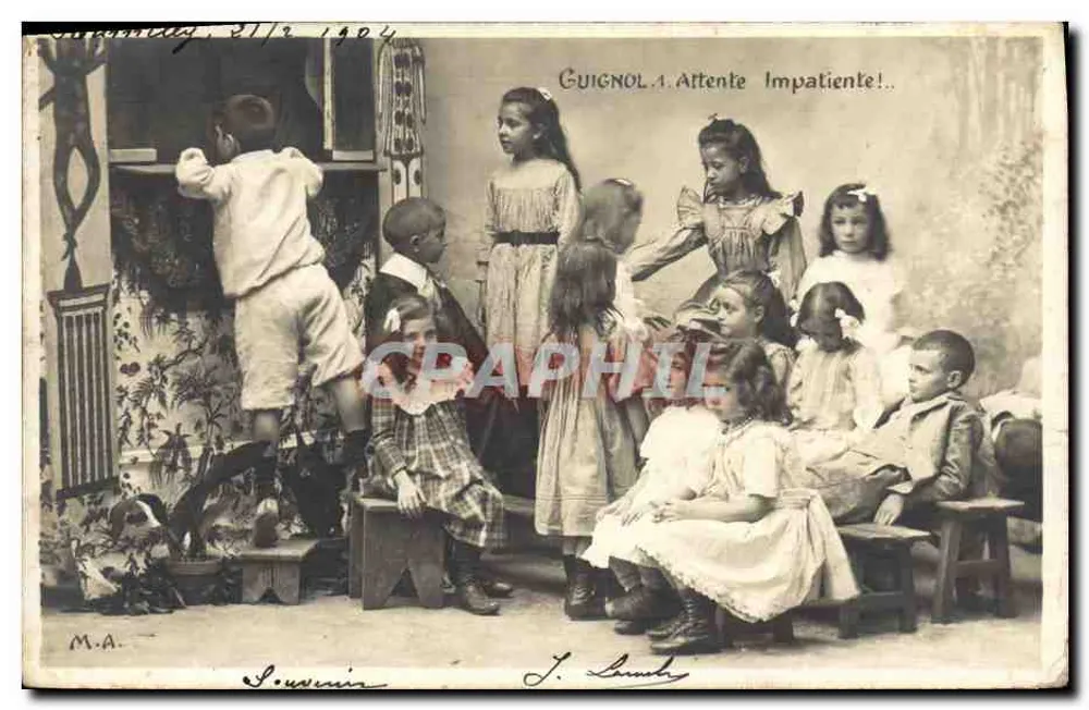 Crianças impacientes diante de uma janela — Guignol à espera impaciente! — M.A. (editor) - Frente