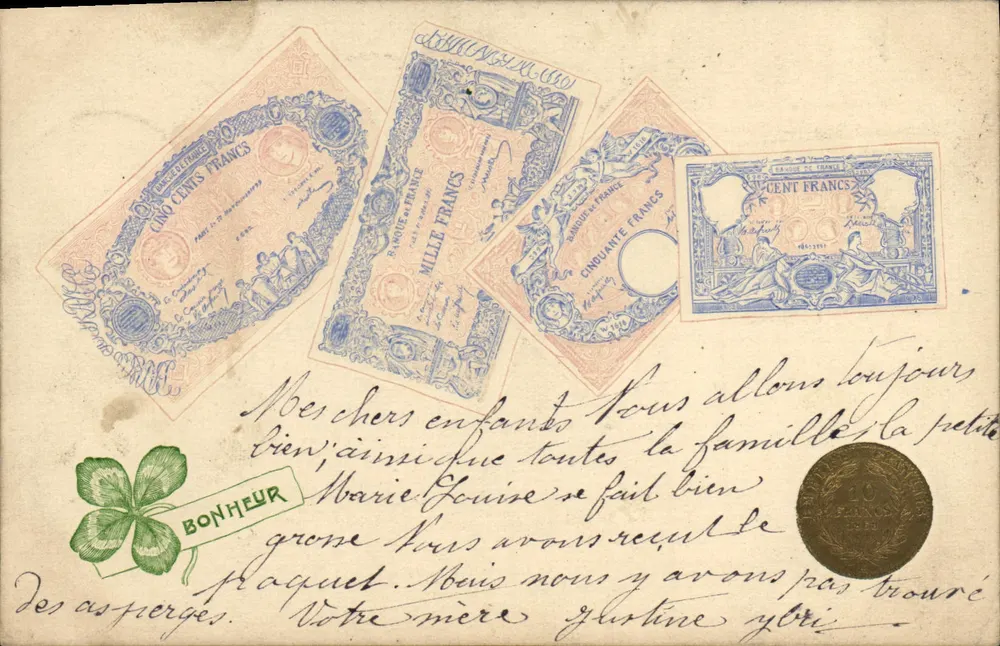 Illustrierte Ansichtskarte mit französischen Banknoten — Verlag nicht sichtbar - Vorderseite