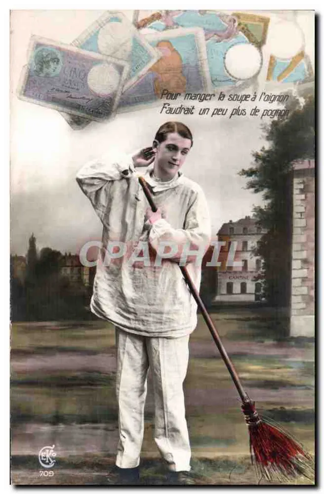 Jovem homem com vassoura — cartão postal humorístico — editor C. K. n° 709 - Frente