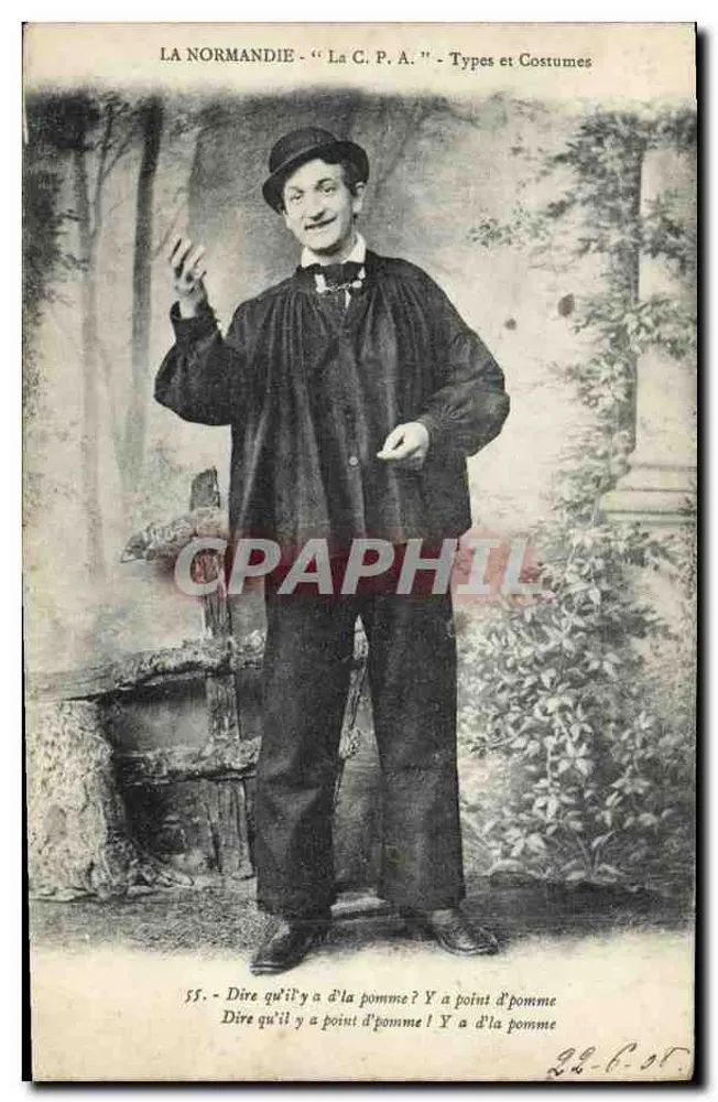 A Normandia - "La C. P. A." - Tipos e Trajes — N°55, homem em traje de camponês com texto humorístico - Frente