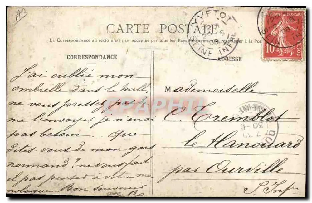 A Normandia - "La C. P. A." - Tipos e Trajes — N°55, homem em traje de camponês com texto humorístico - Verso