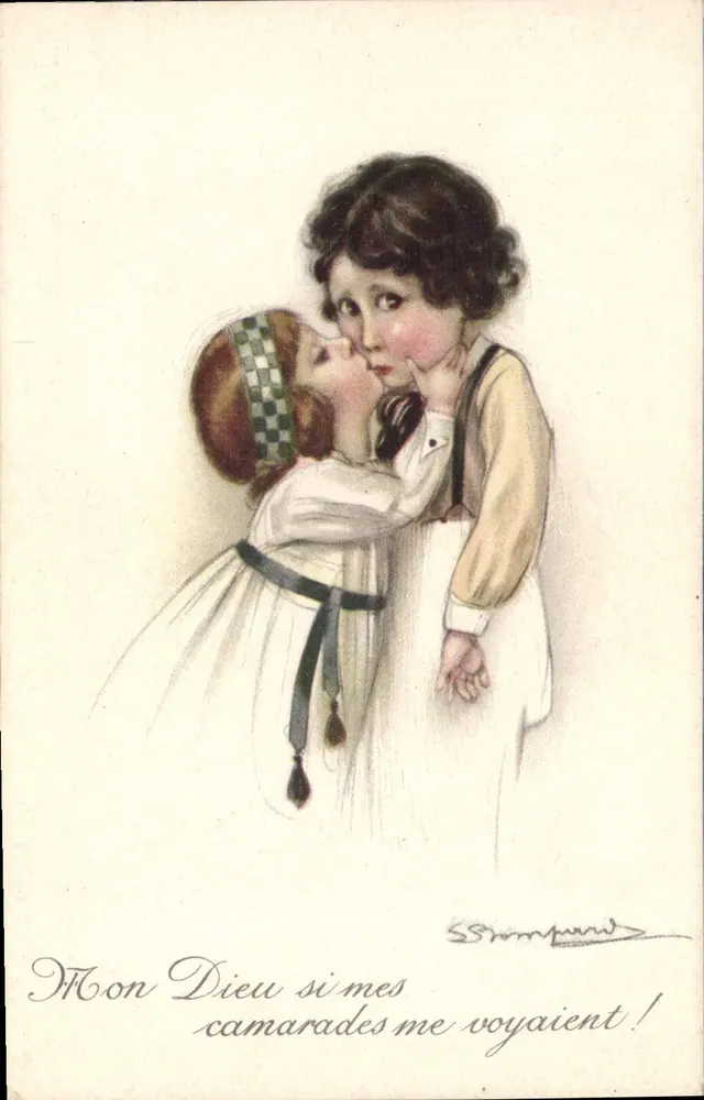 Zwei Kinder — ein Junge und ein Mädchen — einen Kuss austauschend — Zeichnung von S. Sompard - Vorderseite
