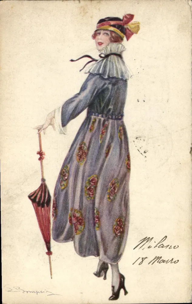 Frau in blühendem Kleid in Mailand — signierte Illustration 'Bompard' — datiert 18. März - Vorderseite