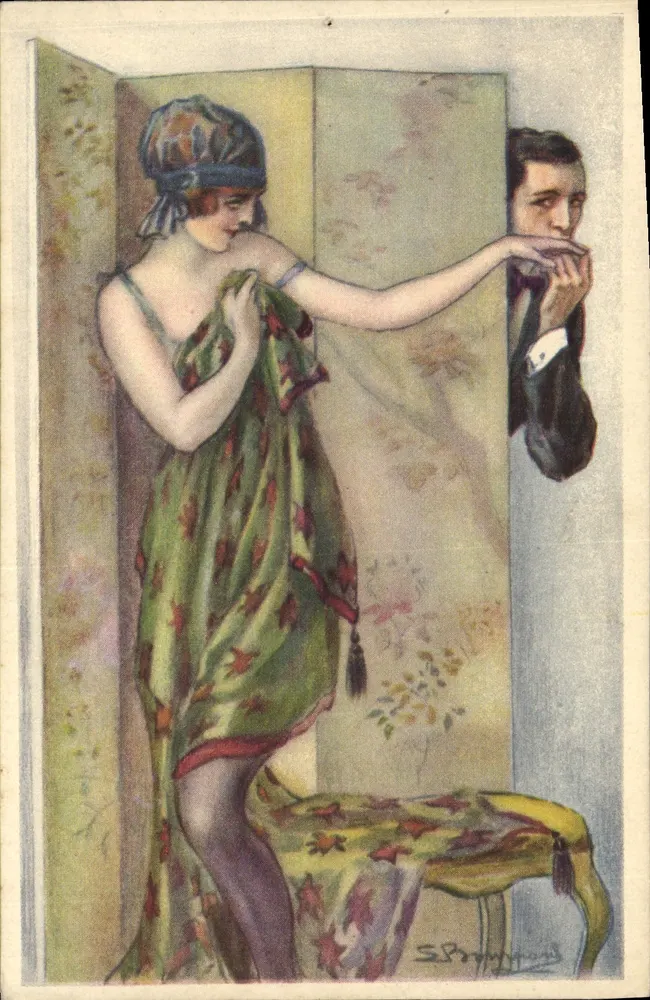 Frau in grünem Kleid — intime Szene mit Mann — S. Brugnoli, Nr. 438 - Vorderseite