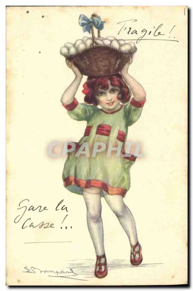 Mädchen mit Früchten in einem Korb — 'Fragil !' — Verlag S. Dampaul, Nr. 1 - Vorderseite