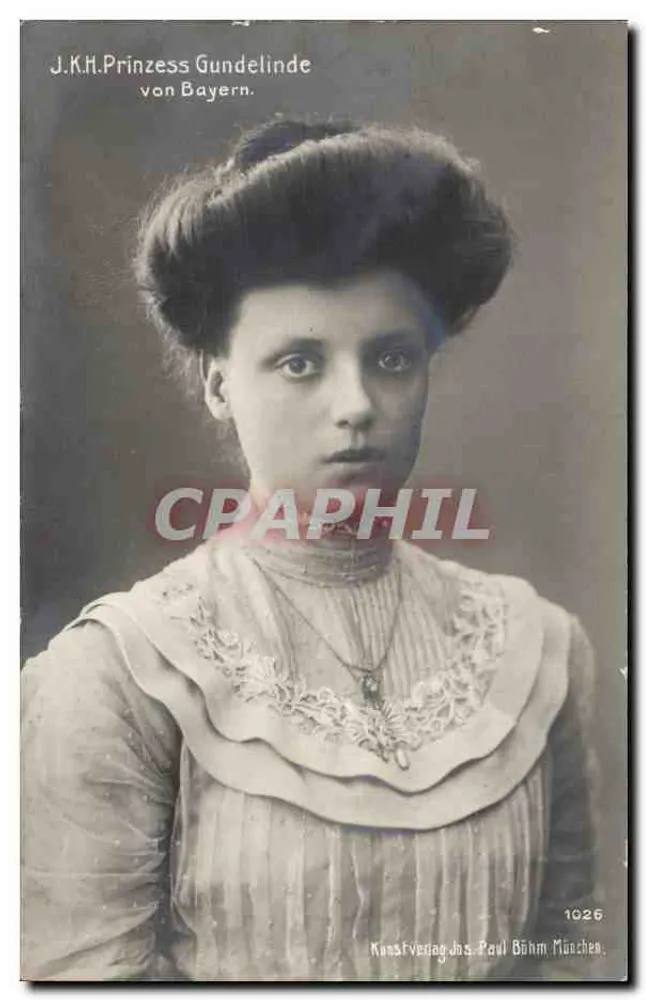 J.K.H. Princesa Gundelinde de Baviera — retrato — Kunstverlag Jos. Paul Böhm Múnich, n° 1026 - Anverso
