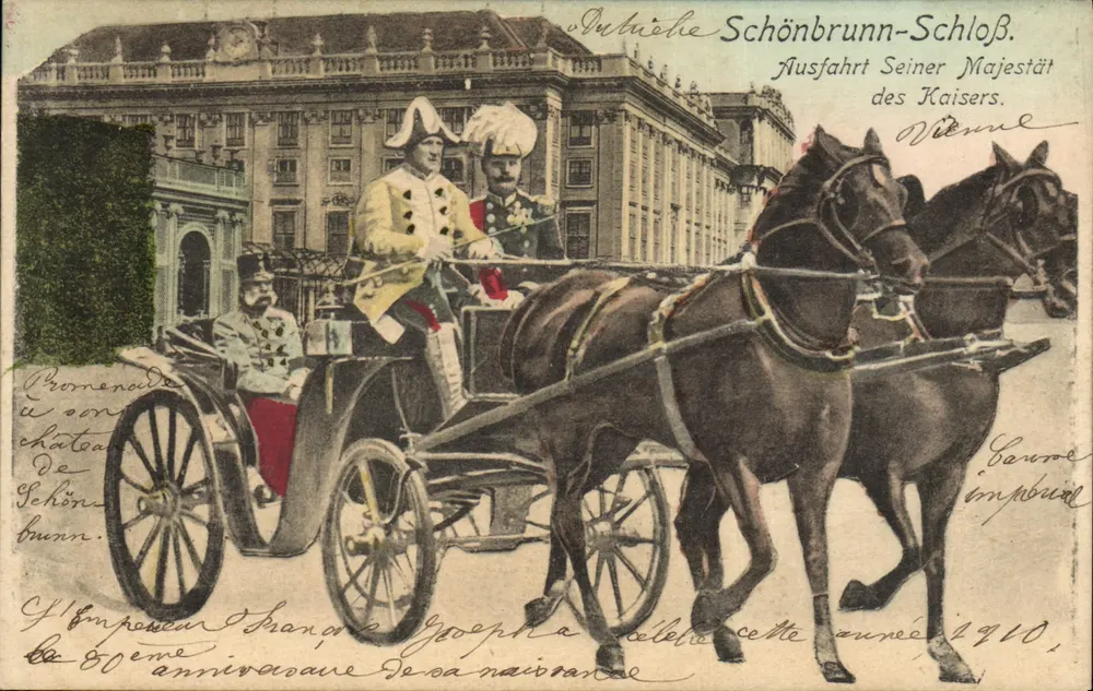 Promenade in Schönbrunn — Ausfahrt Seiner Majestät des Kaisers — Verlag O. Ch. W. - Vorderseite