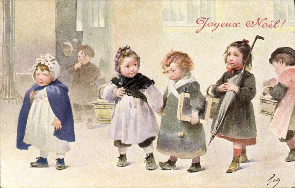 Kinder in Winterkleidung — Frohe Weihnachten! — Gég - Vorderseite