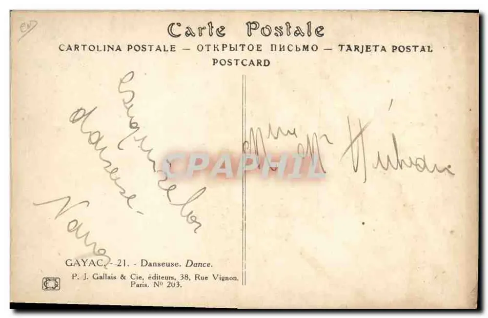 Nackte Tänzerin — Tanz — Verleger P. J. Gallais & Cie, Paris N° 203 - Rückseite
