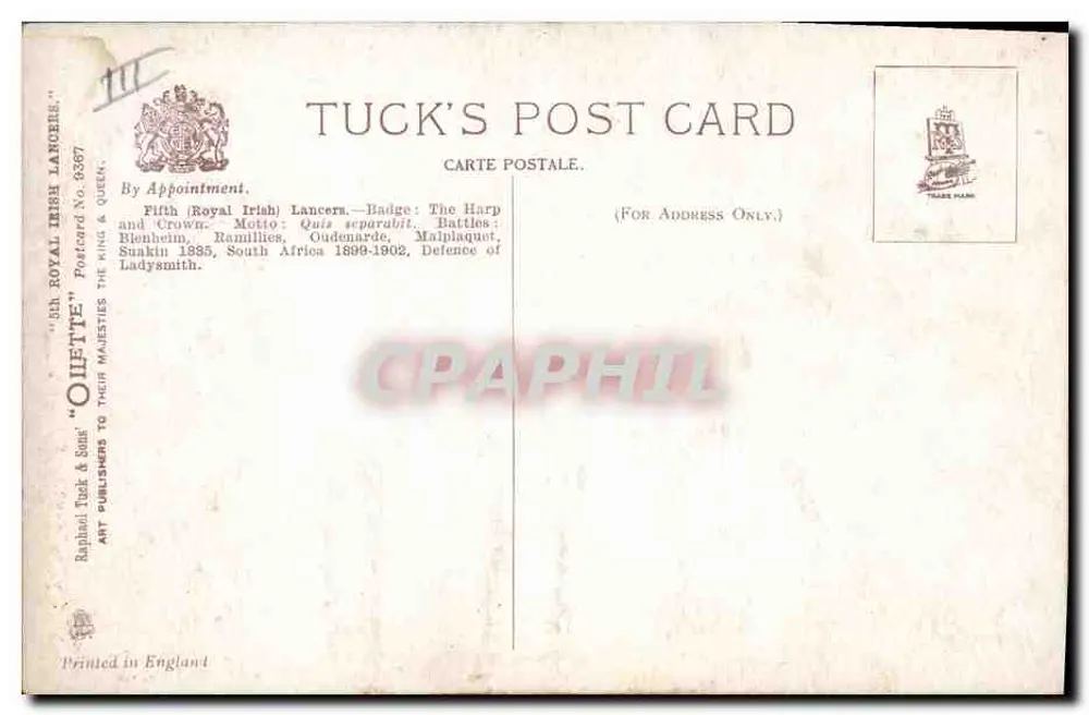 Fünfte (Königliche irische) Lancers — Brienheim, Ramillies, Oudenarde, Malplaquet, Suakin 1885, Südafrika 1899-1902, Verteidigung von Ladysmith — Tuck's Post Card No. 9387 - Rückseite