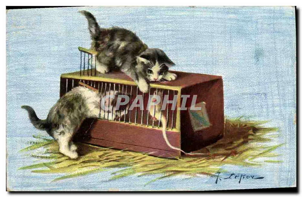 Dois gatos brincando com uma armadilha de rato — J. Lefior — n° 10084 - Frente