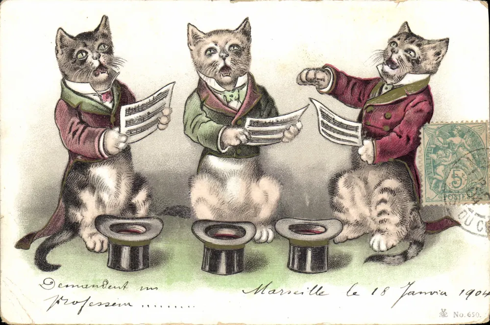 Trois chats en tenue de musiciens — scène de charme — éditeur 'No. 650.' - Frente