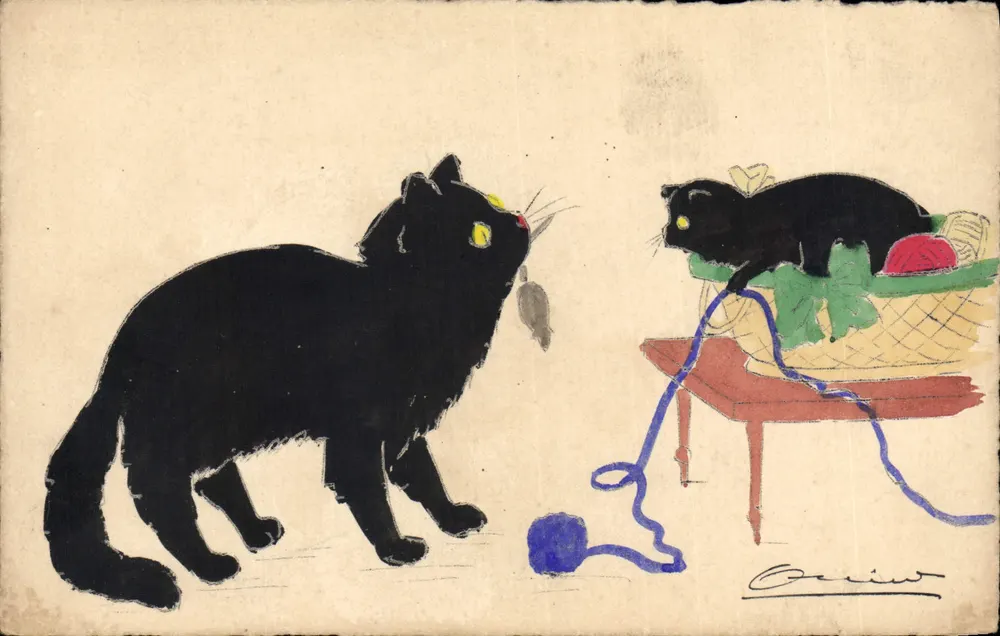 Dois gatos pretos — um brinca com uma bolinha azul, o outro em cima de uma mesa — desenho assinado por Corrius - Frente