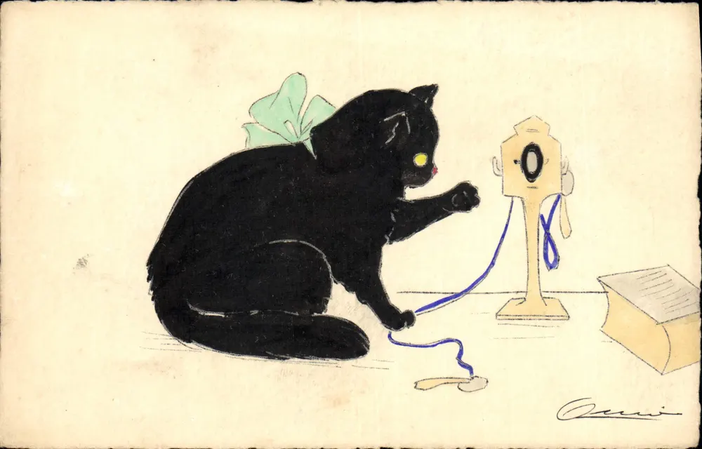 Gato preto brincando com um telefone — desenho de Oceani — editor Cathhlin e Bastrom, Paris - Frente