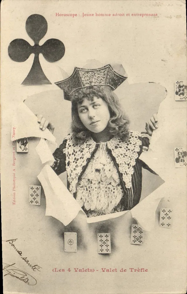 Die vier Buben - Bube von Kreuz — Horoskop: Junger, geschickter und unternehmungslustiger — Phototypie-Ausgabe A. Bergénet et Cie, Nancy - Vorderseite