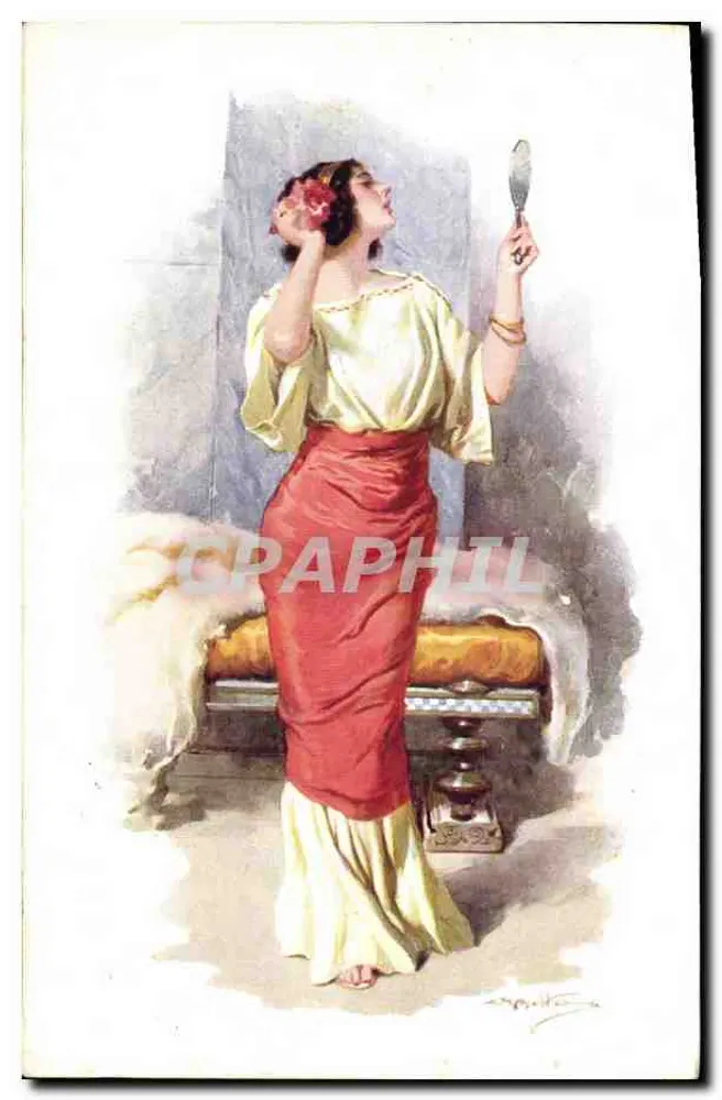 Frau in rotem und gelben Kleid — vor dem Spiegel — Kupferstich von M. Marquette, Serie 1055 - Vorderseite