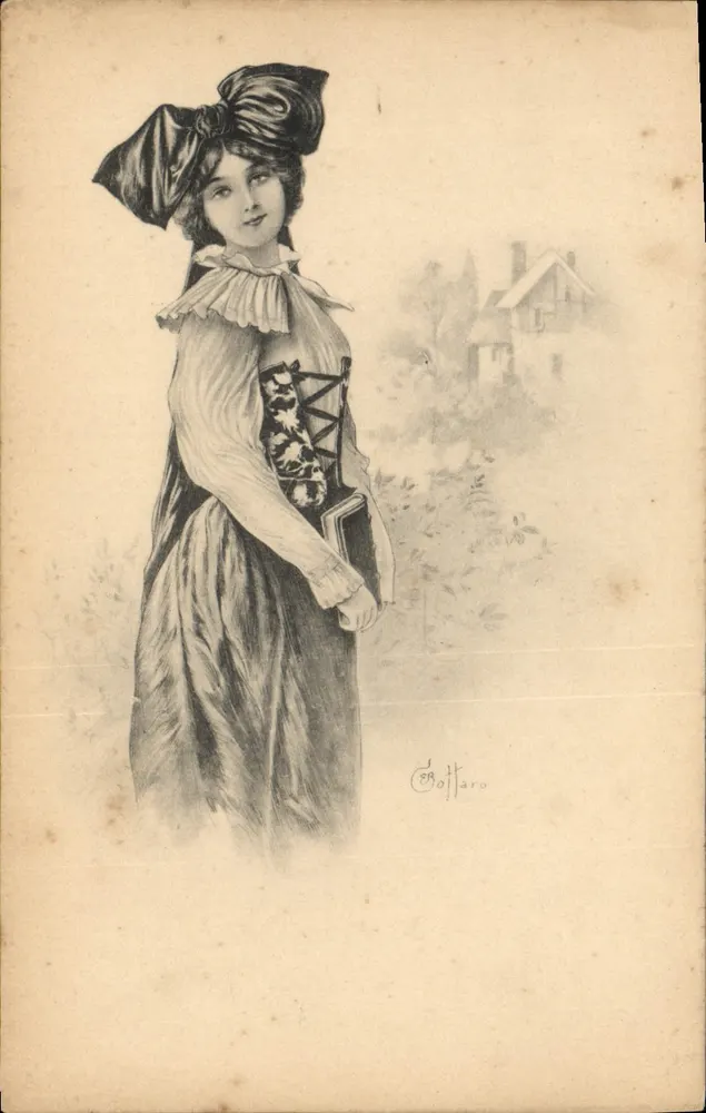 Junge Frau im historischen Kleid — Zeichnung von Cebottaro — Verlag Theo. Stroefers Kunstverlag, Serie 103, Nr. 5 - Vorderseite