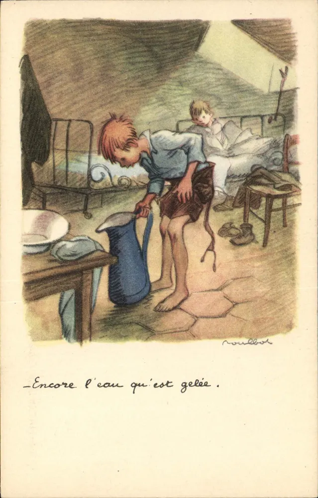 Kind, das gefrorenes Wasser gießt — Illustration von Rouilbot — Ligue Nationale Contre le Taudis - Vorderseite