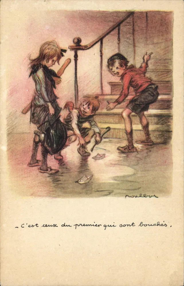 Kinder, die mit Papierbooten spielen — Illustration von Noël Lévèque — Nationale Liga gegen Slums - Vorderseite