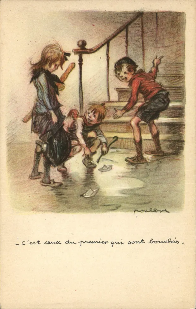 Kinder, die mit Papierbooten spielen — Zeichnung von Poulleux — Nationale Liga gegen Slums - Vorderseite
