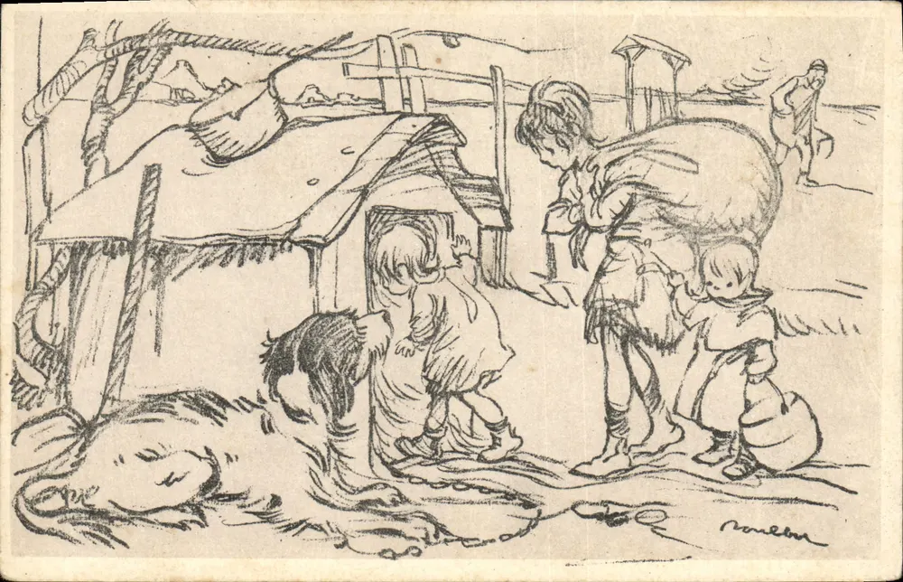 Ländliche Szene — Kinder und Erwachsener nahe einer Hütte — Zeichnung von Rouellet - Vorderseite