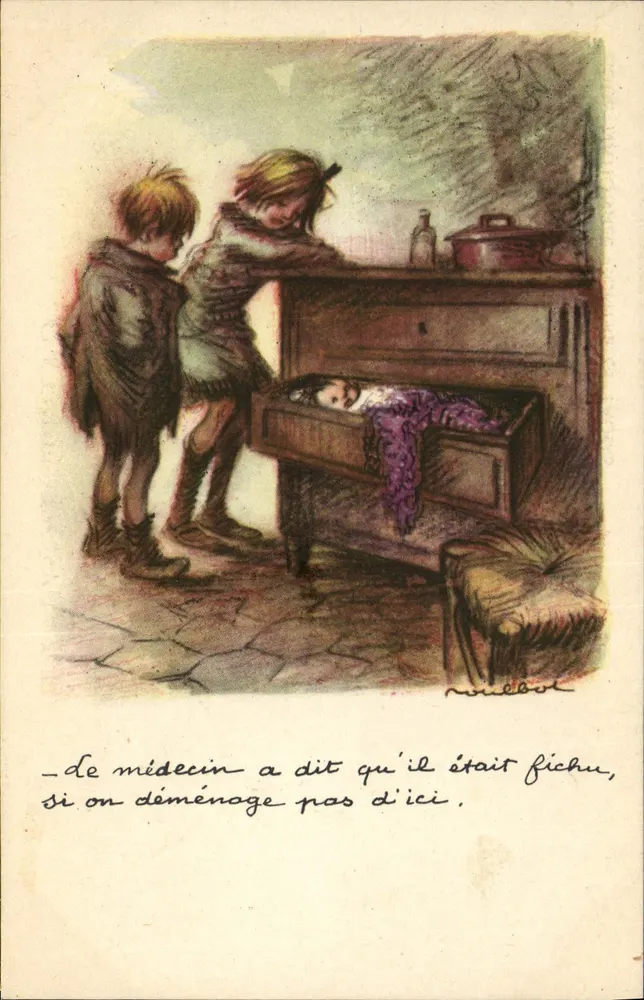 Kinder und Kind in einer Truhe — Illustration von Nielbol — Nationale Liga gegen Slums - Vorderseite