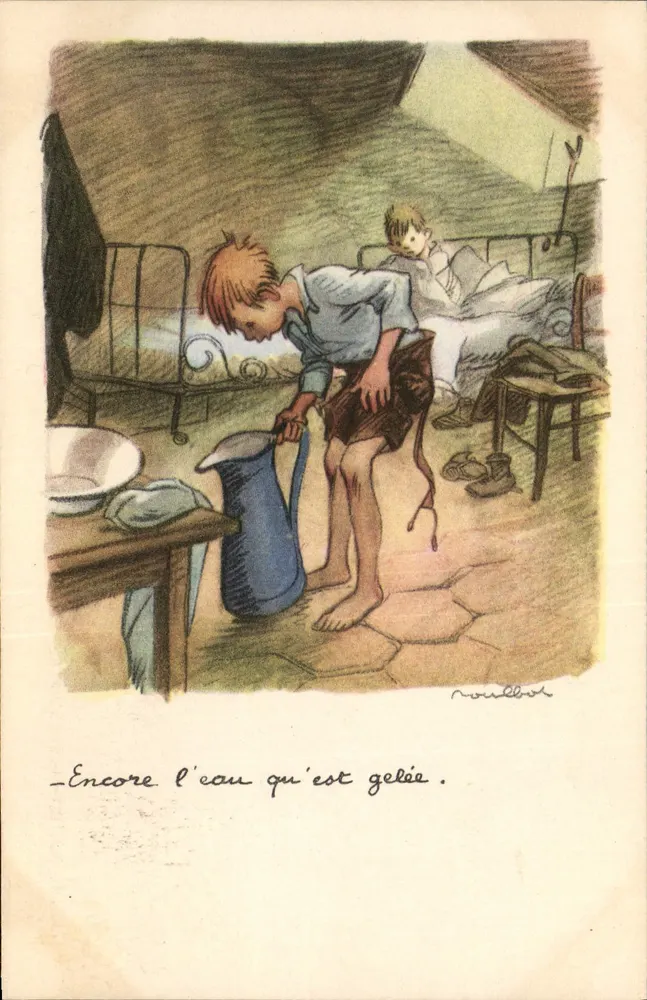 Kind, das gefrorenes Wasser gießt — Illustration von Noullebot — Nationale Liga gegen Slums - Vorderseite