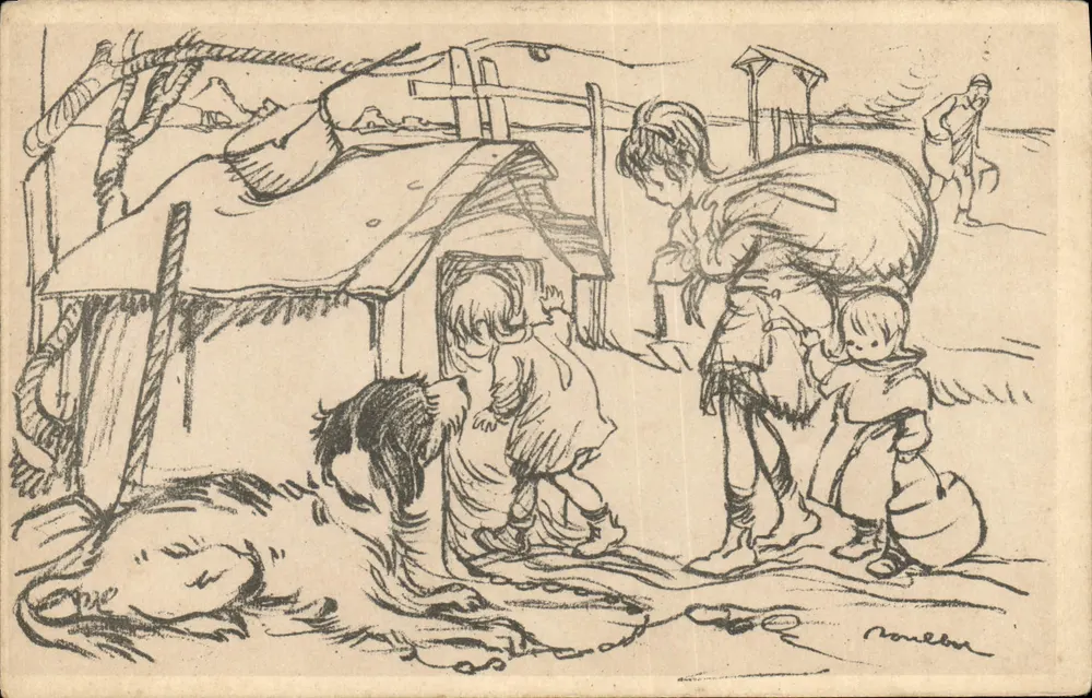 Familie in einer Hütte — Szenen aus dem Leben — Zeichnung von M. Moullet — Ausgabe Journée Française du Secours National - Vorderseite