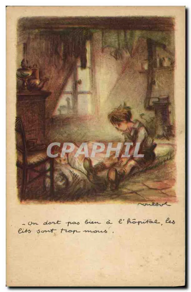 Kind und Katze in einem Krankenzimmer — Illustration von Norbert — Nationale Liga gegen Slums - Vorderseite