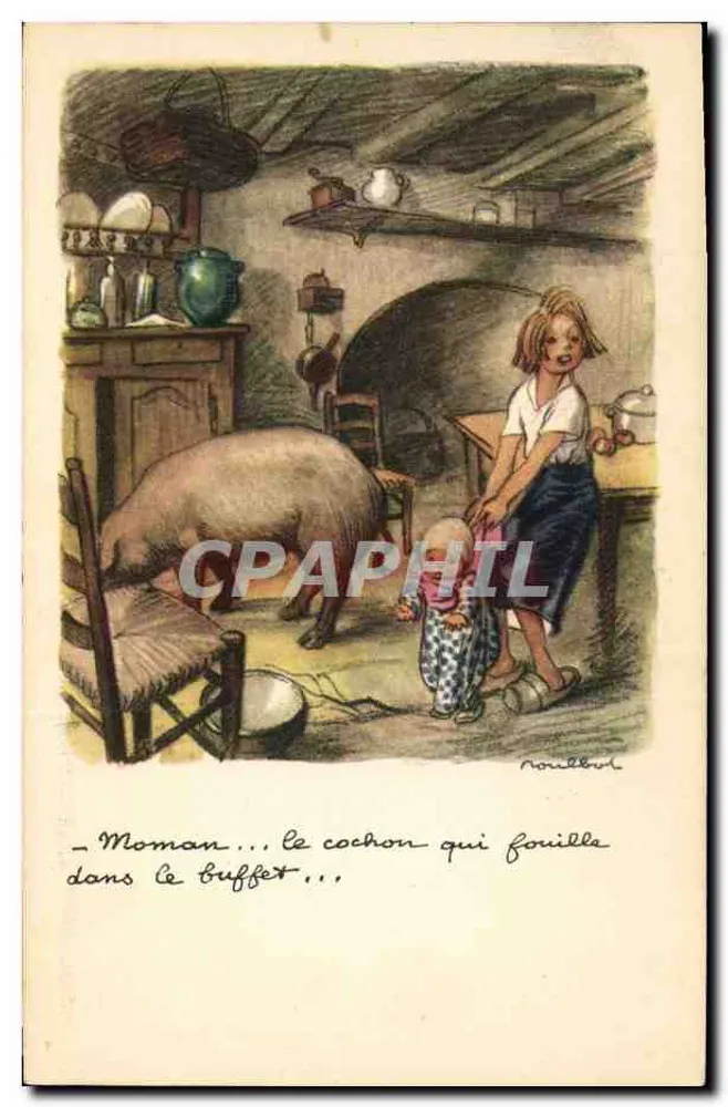Kind und Schwein in der Küche — Illustration von Rouelbot — National League Against Slums - Vorderseite