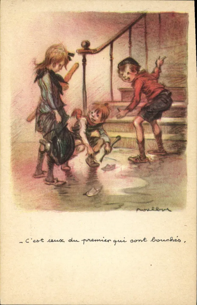 Kinder, die auf der Treppe spielen — Illustration von Poulèvre — Nationale Liga gegen Slums - Vorderseite