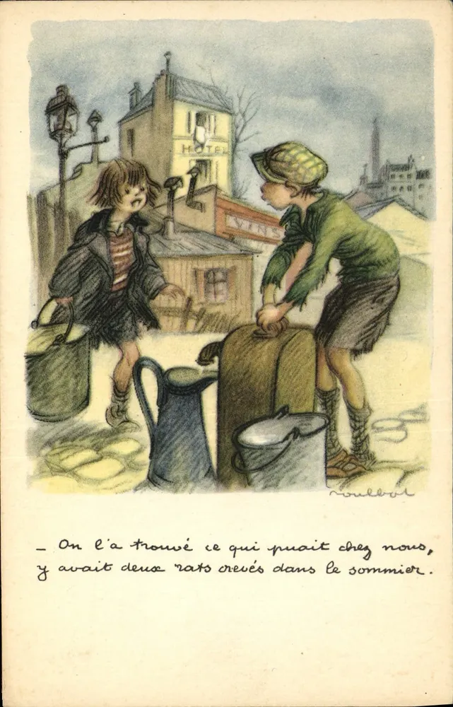 Zwei Kinder neben einem Bett — humorvolle Szene — Zeichnung von Noubout - Vorderseite