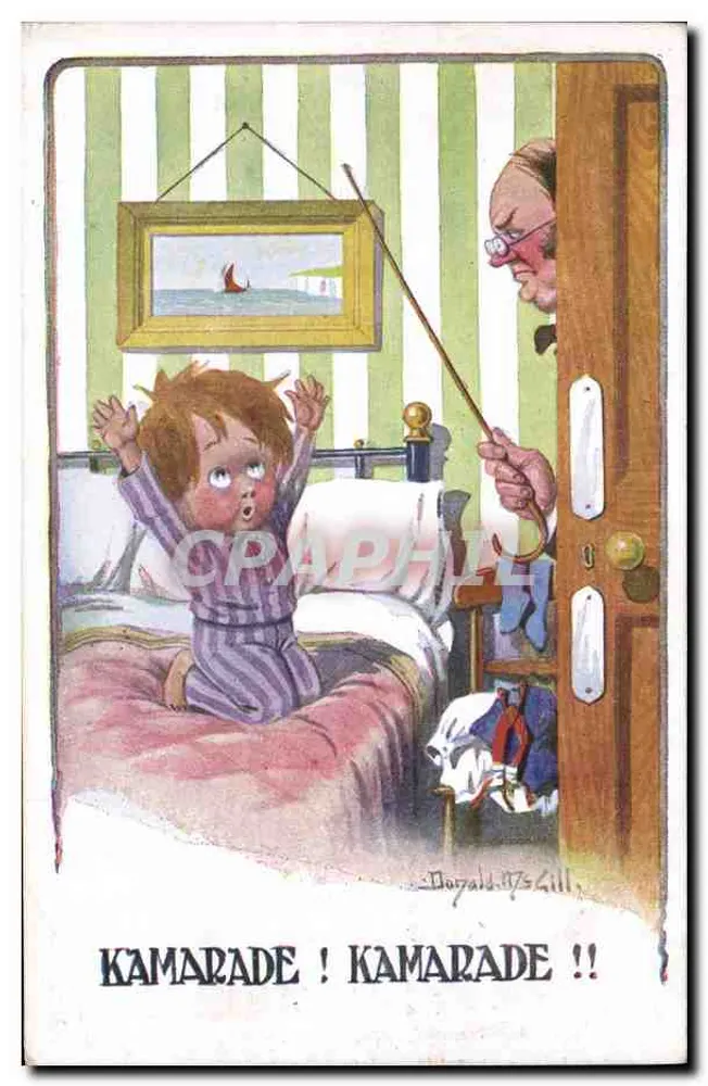 Kind von einem Erwachsenen überrascht — humoristische Illustration — Inter-Art Co. Florence House, S.W. N° 1273 - Vorderseite