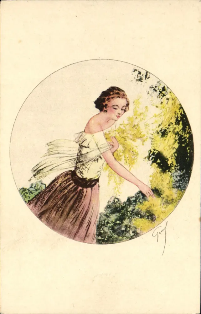 Frau in einem alten Stil Kleid — in einem kreisförmigen Rahmen — Editions E. K. & C°, Paris, Serie 1975 - Vorderseite