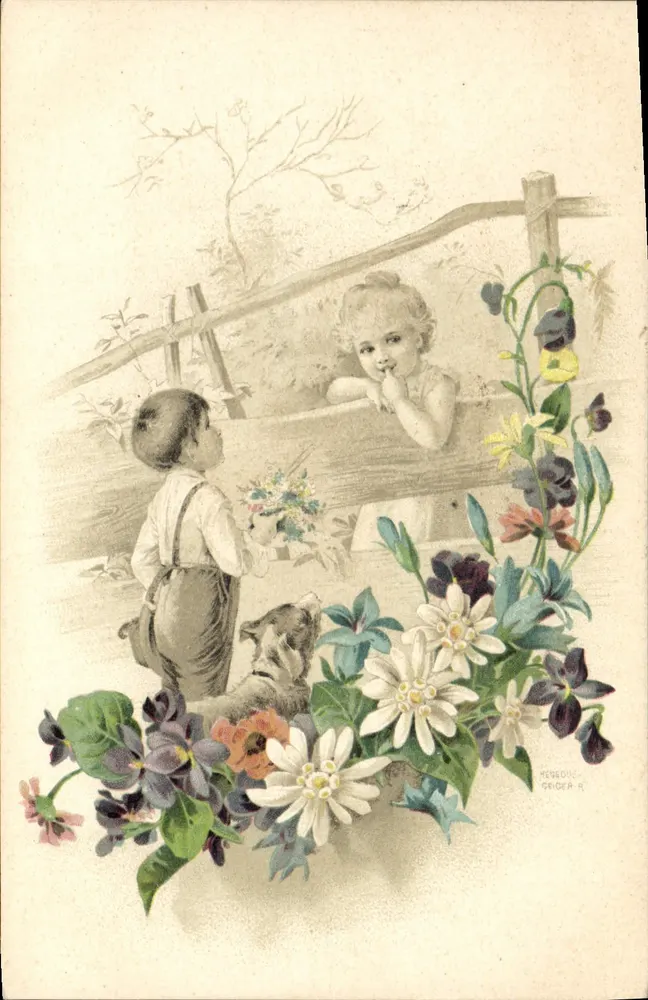 Kinder, die nahe einer Zaun spielen — bunte Blumen — Verlag Méreou, Serie A - Vorderseite