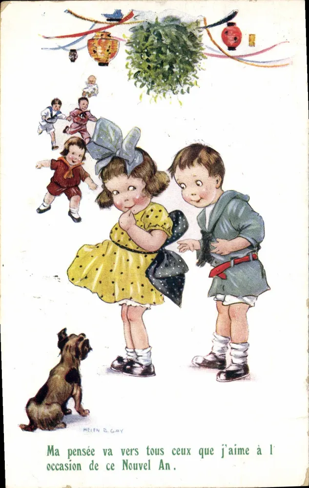 Kinder, die mit einem Hund spielen — Neujahr — Helen R. Gay - Vorderseite