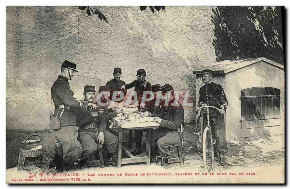 Die Wachmänner tanken auf, trinken und machen sich keine Sorgen — La Vie Militaire, gedruckt von A. Walek, Saint-Dié, Nr. 7735 - Vorderseite