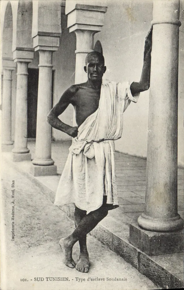 Sul da Tunísia — Tipo de escravo sudanês — Imp. Moderno, A. Mudi, Sfax - Frente