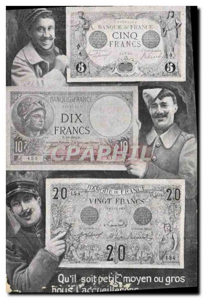 Bankbiljetten van de Banque de France — 5, 10, 20 francs — met portretten van mannen in uniform — uitgever niet zichtbaar - Voorkant