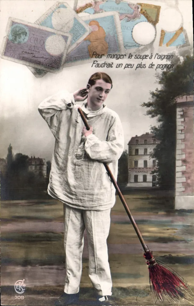 Soldado em uniforme — com texto humorístico e notas de banco — editor E.K. n°709 - Frente