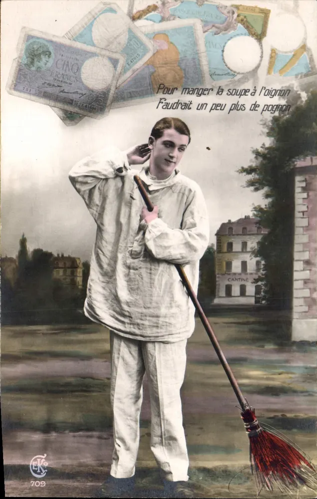 Soldado em uniforme — com texto humorístico e bilhetes de 5 francos — editor C. L. A. n° 709 - Frente