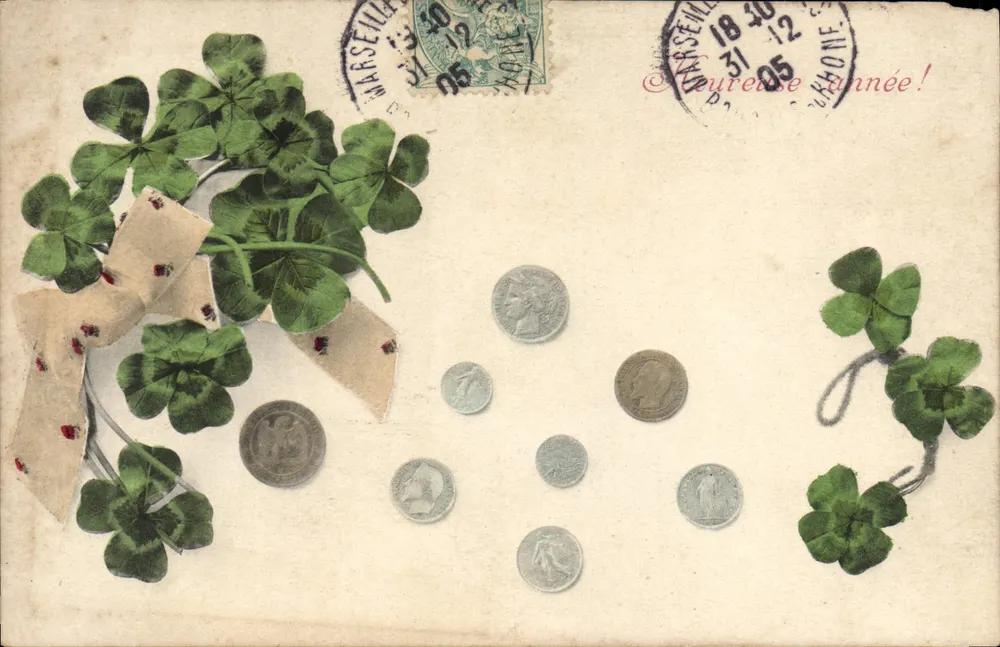 Fleurs de trèfle et pièces de monnaie — éditeur A.S. V. — série 824 - Frente